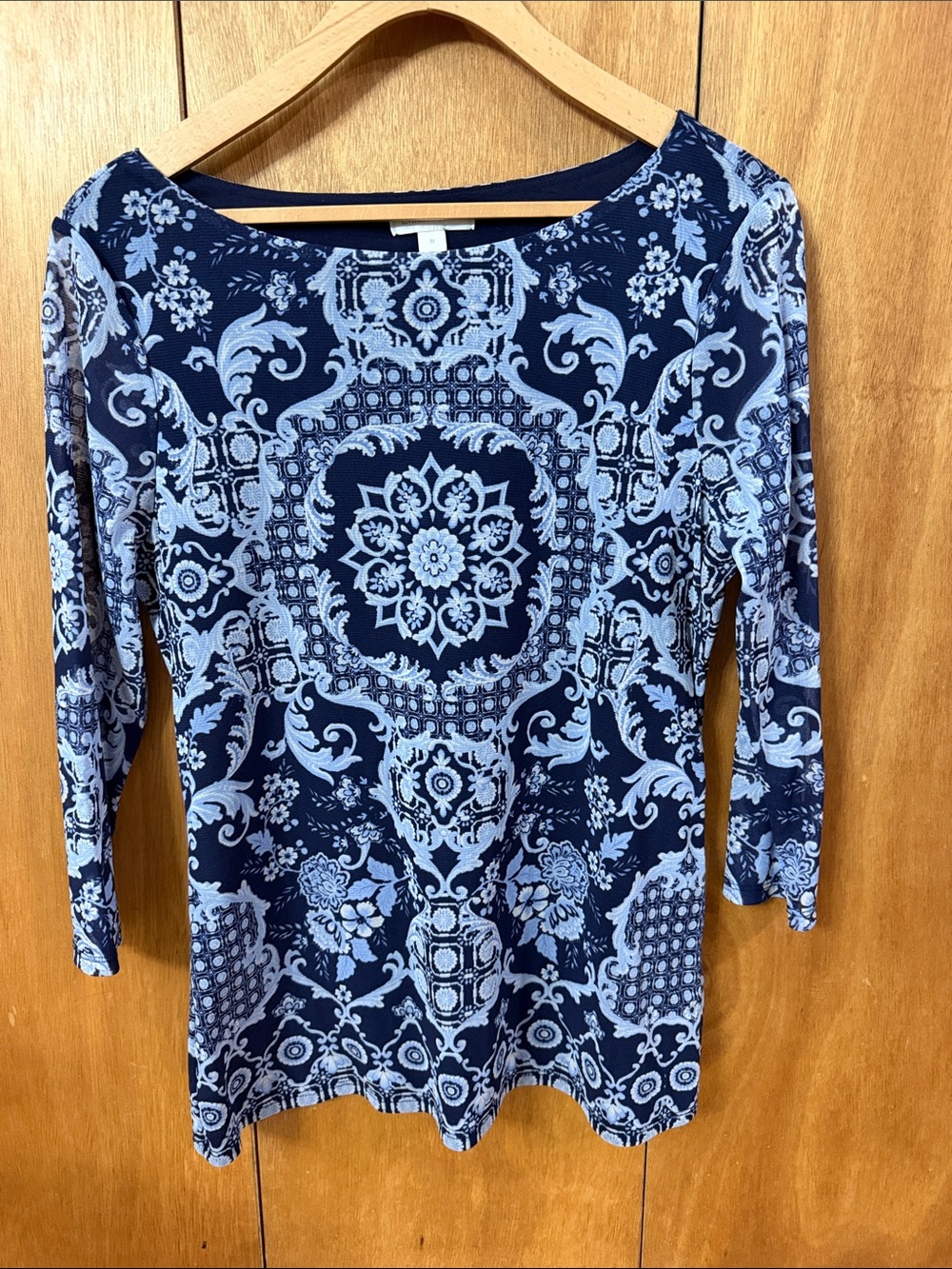 Women's Navy Blue Patterned Scoop Neck Top